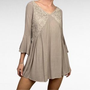 Umgee | Taupe Lace Floral Contrast Bohemian Flare Bell Sleeve Flowy Tunic Dress
